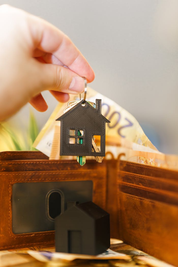 A hand holds a house-shaped keychain above an open wallet with Euro banknotes.
